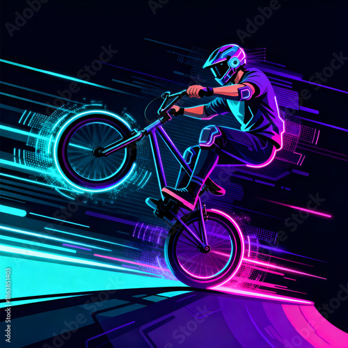 Cyber Futuristic Extreme Sport BMX – Neon Action Sports Vector