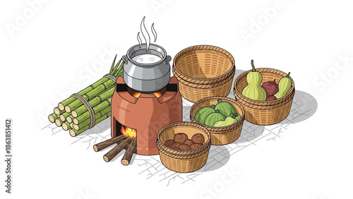 Traditional outdoor cooking setup with clay stove and wicker baskets