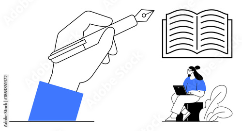 Writing concept. Hand holding a pen, open book, and woman with a laptop conveying writing, education, and creativity. Writing for education, remote work, content creation designing and teaching