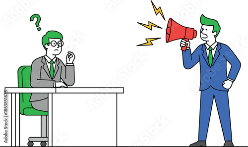 Boss shouting through megaphone at confused employee in office, workplace communication conflict, verbal abuse and stress at work, professional management problems, vector.
