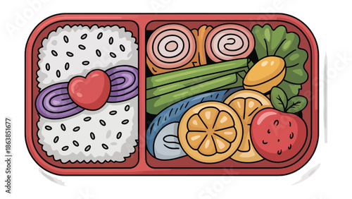 Bento Box of Culinary Delights: An artfully arranged bento box, a delightful assortment of sushi, vibrant fruit, and carefully crafted sides