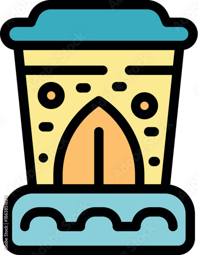 Playful sandcastle with a surfboard forming the door, evoking a takeout coffee cup, sits on the beach, ready for imaginative fun