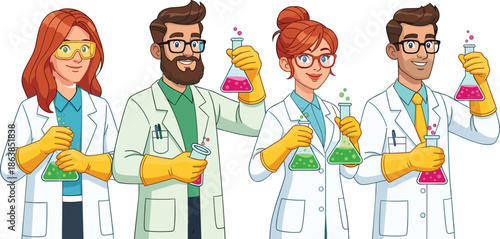 Cartoon scientist character set, diverse male and female doctors in lab coats holding glass flasks, chemistry research, biology laboratory experiment, vector illustration, isolated.