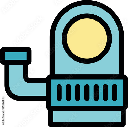 Submersible vehicle exploring the depths of the ocean, with a large round window and a connected pipe