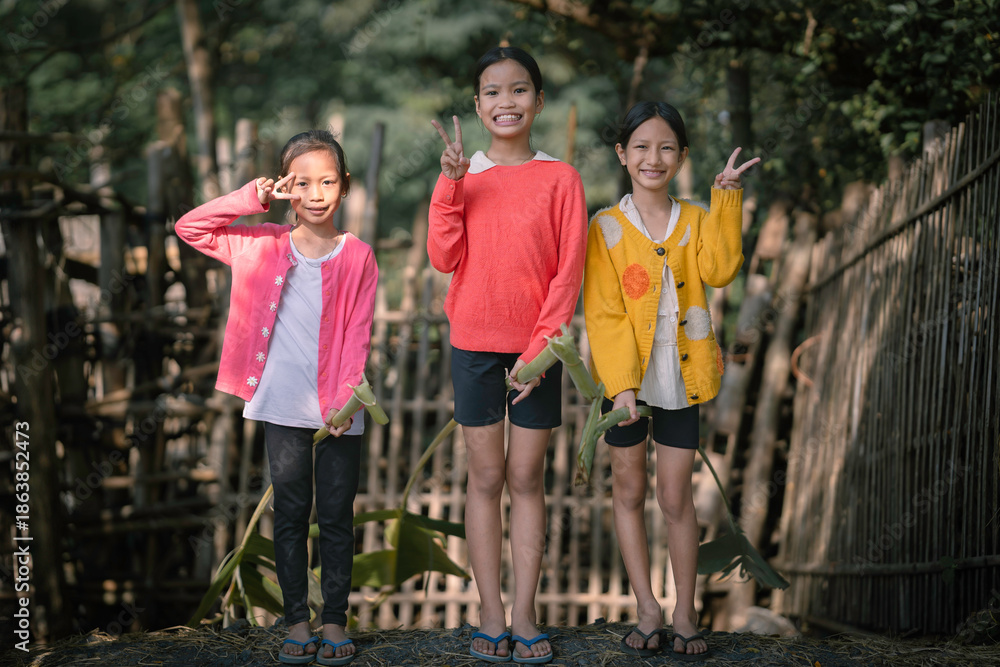 Obraz premium Happy Asian Girls Playing with Traditional Banana Rib Hobby Horses.
