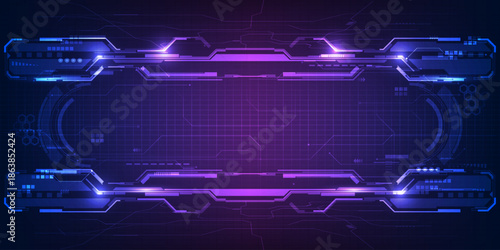 Abstract futuristic frame blue purple  with tech style display screen and empty space and grid line pattern.