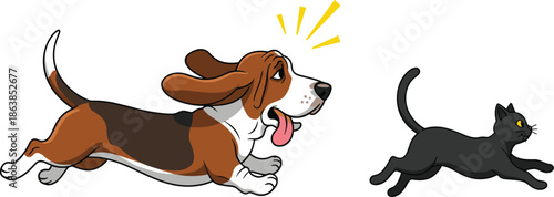 Cartoon, playful, basset, hound, dog, with, floppy, ears, running, and, chasing, a, small, black, cat, isolated, on, white, background, vector, illustration, scene.