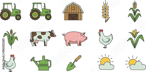 A funny set of farm animals vector illustration featuring a cartoon cow, sheep, pig, chicken, duck, horse, and cute baby pets playing on green grass in a nature design