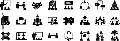 Set of Corporate Teamwork Icons Featuring Meetings Handshakes Discussions Presentations and Negotiations Symbolizing Collaboration and Group Dynamics Collection
