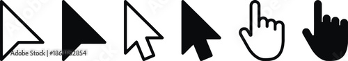 Set of Cursor Icons in Various Styles Including Arrow and Hand Pointers for User Interface and Design Projects Representing Click and Interaction