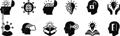 Set of creative idea icons in a head shape of a person for business isolated on white background