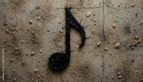 A close-up of a black eighth note stuck to a rough, rusty wall with a textured background, 8K image