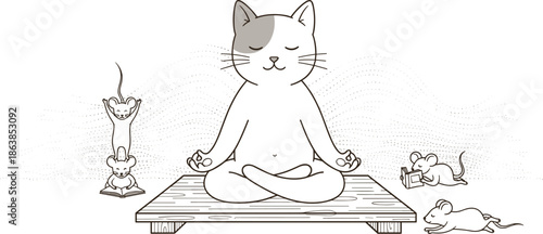 Cartoon, zen, cat, meditating, in, lotus, pose, on, wooden, platform, with, cute, mice, reading, playing, and, stretching, isolated, vector, illustration, mindfulness, concept.