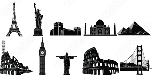 Black vector illustration of a London cityscape silhouette featuring iconic architecture and historic monuments against an urban sky