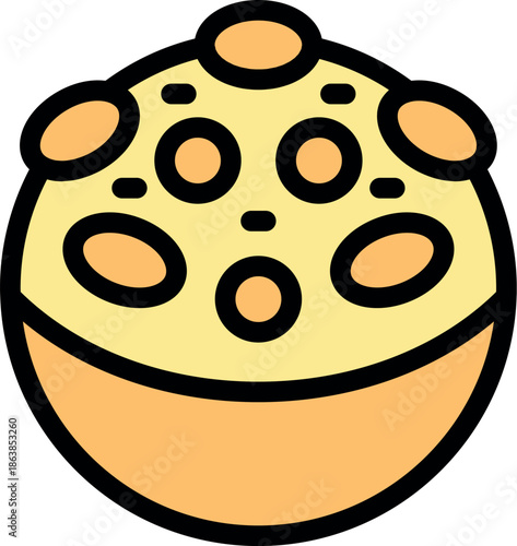 Cartoon yellow planet with craters is orbiting in the solar system