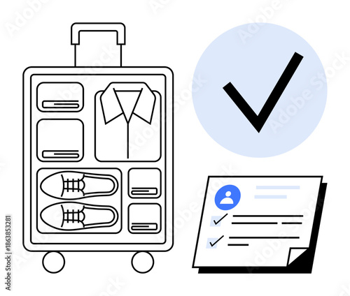 Packed suitcase with folded clothes, shoes, checklist, and checkmark emphasize travel organization, planning, and productivity. Ideal for vacation, packing tips, productivity efficiency