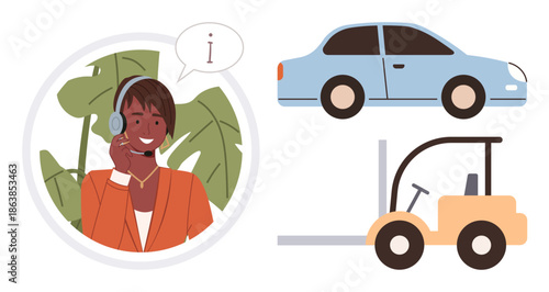 Customer service, logistics, transportation, vehicle maintenance, communication, industrial operations. Smiling operator with headset, car and forklift. Customer service and logistics context