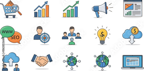A professional vector set of business icons featuring people, finance symbols, and web communication signs designed for modern internet and computer network illustrations