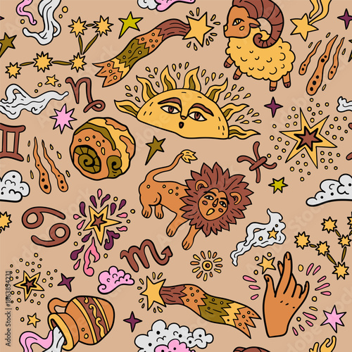Seamless pattern with Western astrology. Zodiac animals. A cosmic fantasy backdrop for teenagers and small children. Fun zodiac.