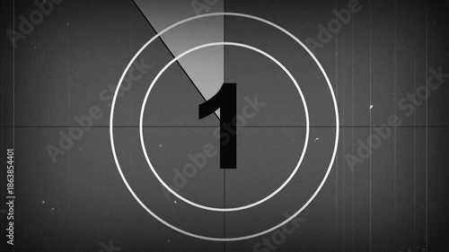 Black and white old film countdown timer 5 seconds with circular marks scratches dust and grain texture for vintage cinema intro movie trailer festival opening retro design and global film events