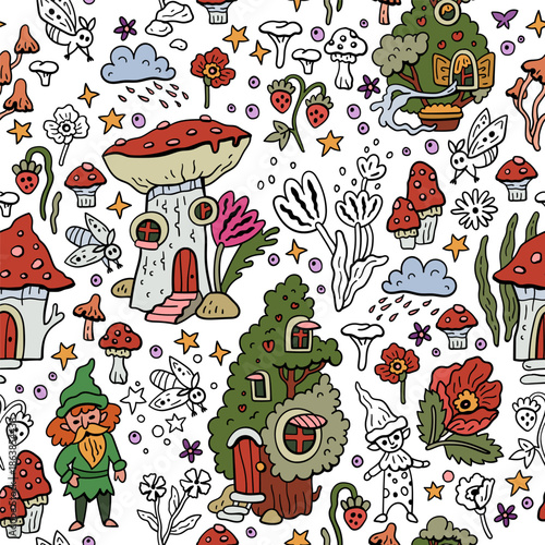 Vector pattern with gnomes and mushroom houses. Forest fairytale world. Seamless background with magical characters.