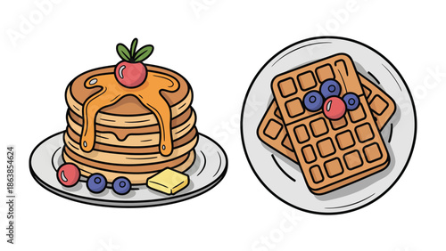 Sweet Morning Delight: A tempting illustration of pancakes and waffles on plates. The pancakes are drenched in syrup, topped with fresh berries, and a pad of butter.
