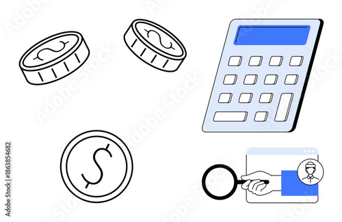 Finance, budgeting, online security, identity verification, digital economy, personal accounting. Image shows coins, a calculator and magnifying glass pointing to user details. Finance and budgeting