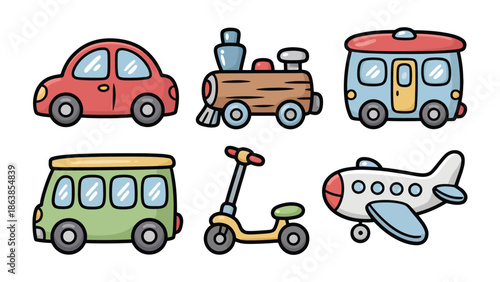 Whimsical Transport Collection: A delightful array of transportation illustrations, each depicting a unique vehicle. From cars and trains to buses, scooters, and airplanes.