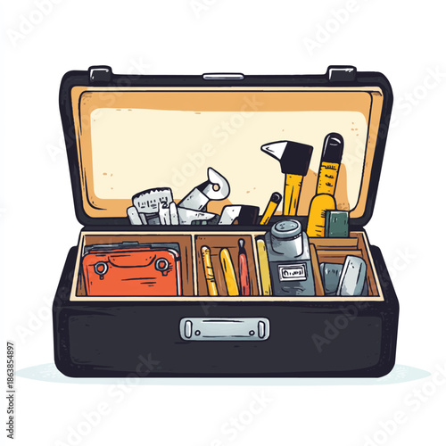Open Briefcase with Various Tools and Supplies.