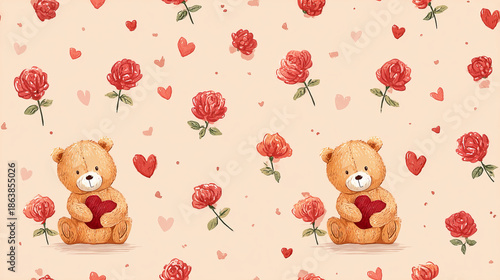 Adorable Teddy Bear with Roses and Hearts for Valentine's Day