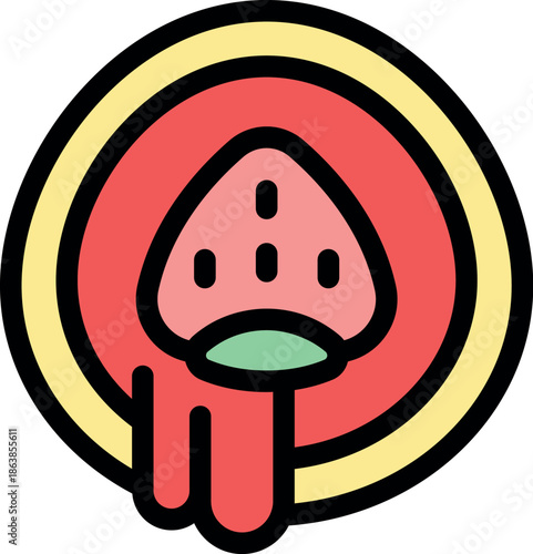 Delicious strawberry dipped in cream, filling a circle, with melted cream dripping down, perfect for food and dessert related designs