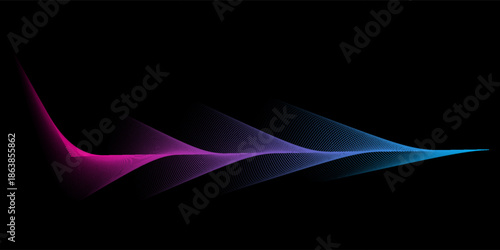 Vector wave lines flowing dynamic in purple violet blue green colors isolated on black background for concept of AI technology, music, sound, voice