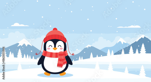 A happy cartoon penguin wearing a red winter hat and scarf smiles while standing in a snowy landscape with mountains.
