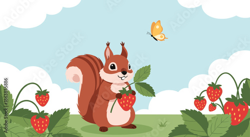 A cute squirrel holds a fresh red strawberry while sitting in a strawberry patch with a butterfly flying in the background.