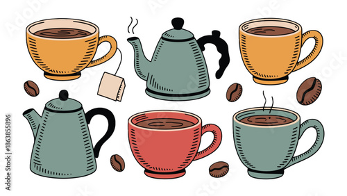 Coffee and Tea Collection: A collection of various warm beverage illustrations features a selection of coffee and tea elements. Cups and teapots.