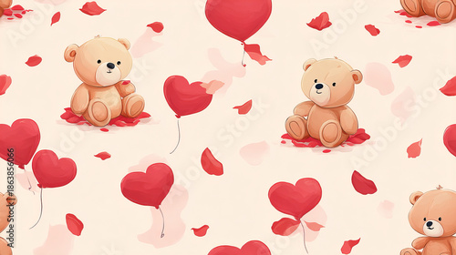 Cute Playful Teddy Bears Sitting on Rose Petals with Balloons