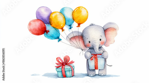 Cute Baby Elephant Holding Colorful Balloons and Gift in Watercolor