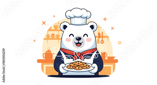 A happy polar bear chef wearing a hat and apron proudly presents a plate of freshly baked chocolate chip cookies.