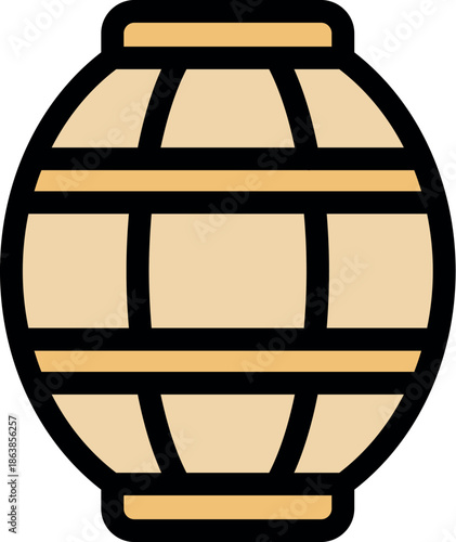 Round wooden barrel with metal hoops, potentially containing wine or beer, isolated on white background