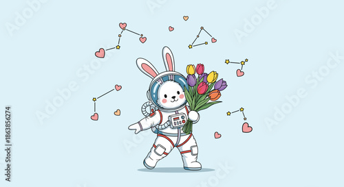 A cute rabbit astronaut in a full spacesuit floats in space holding a bouquet of colorful tulips surrounded by stars.