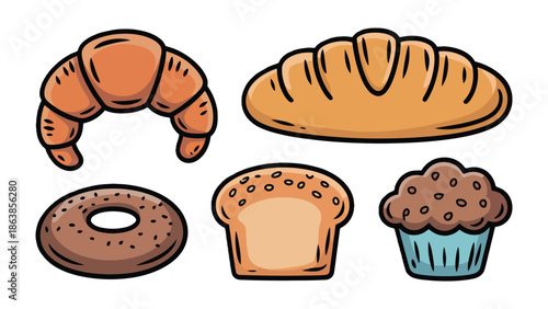 Artisan Breads and Baked Goods: A tempting assortment of freshly baked, golden-brown artisanal breads and pastries are showcased. Croissant, bagel, muffin.