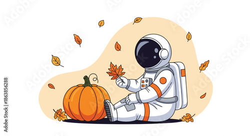 An astronaut in a spacesuit sits on the ground with a large pumpkin and watches autumn leaves fall in a seasonal concept.