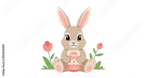 A sweet brown bunny rabbit sits between two pink tulips while holding a decorated Easter egg on a white background.