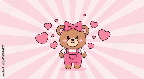 An adorable girl teddy bear wearing a pink bow and overalls stands surrounded by hearts on a pink radiating background.