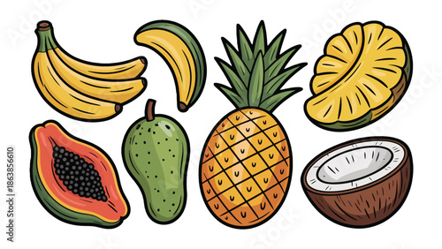 Tropical Fruit Selection: A vibrant collection of fresh tropical fruits, including bananas, pineapple, coconut, and mango, bursting with color and flavor.