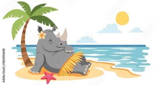 A happy rhinoceros wearing a hula skirt and a flower relaxes on a tropical beach under a palm tree in the summer.