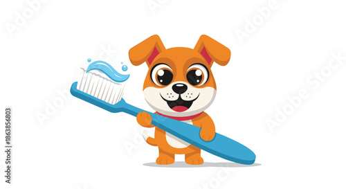 A happy and cute puppy dog holds a large blue toothbrush with toothpaste on it promoting good dental hygiene for pets.