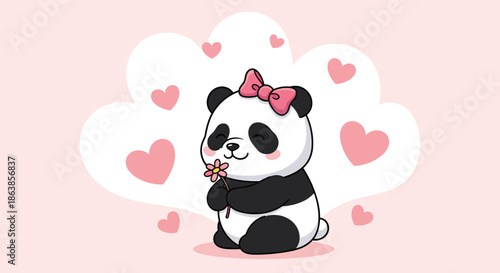 A sweet baby panda with a pink bow sits and smells a flower while surrounded by pink hearts on a lovely background.