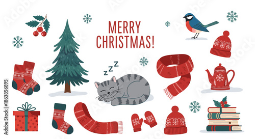 Festive collection of winter holiday elements featuring a christmas tree and sleeping cat beside merry christmas text on white background.