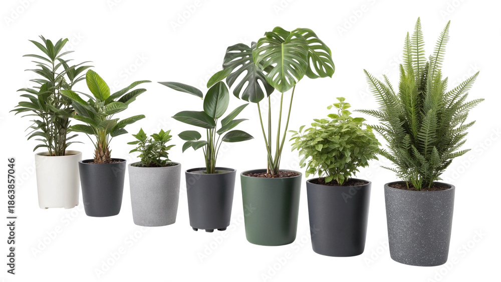 Fototapeta premium Seven Different Potted Plants in Various Containers on a Gray Surface green plants white pot